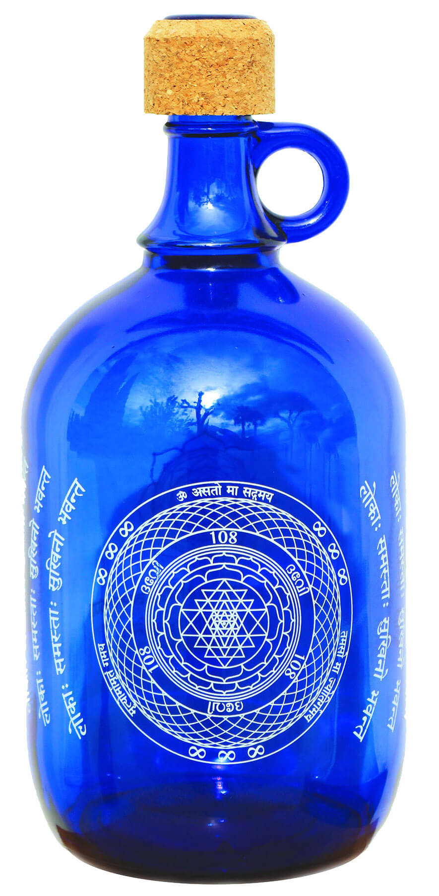 Devi Water 2L cobalt-blue glass bottle with Sri Yantra design