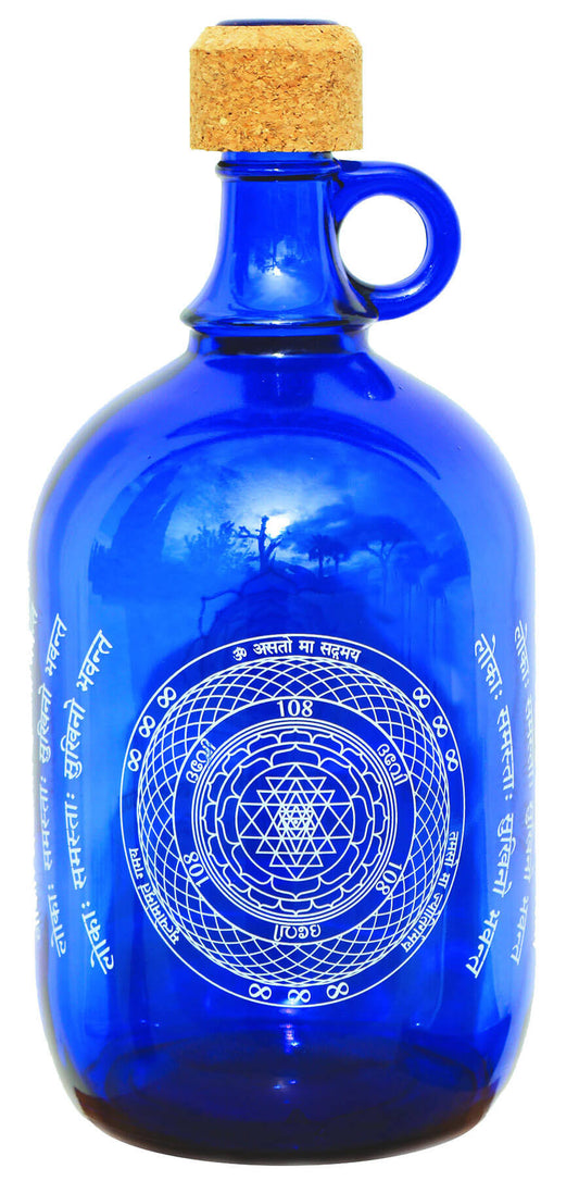 Devi Water 2L cobalt-blue glass bottle with Sri Yantra design
